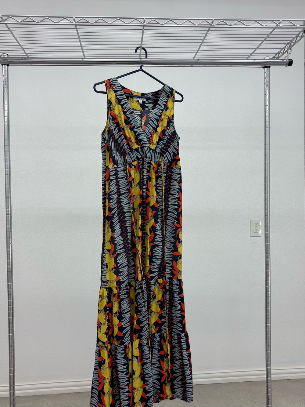 CAbi Sleeveless Maxi Dress in Black, Yellow & Red Floral Print
